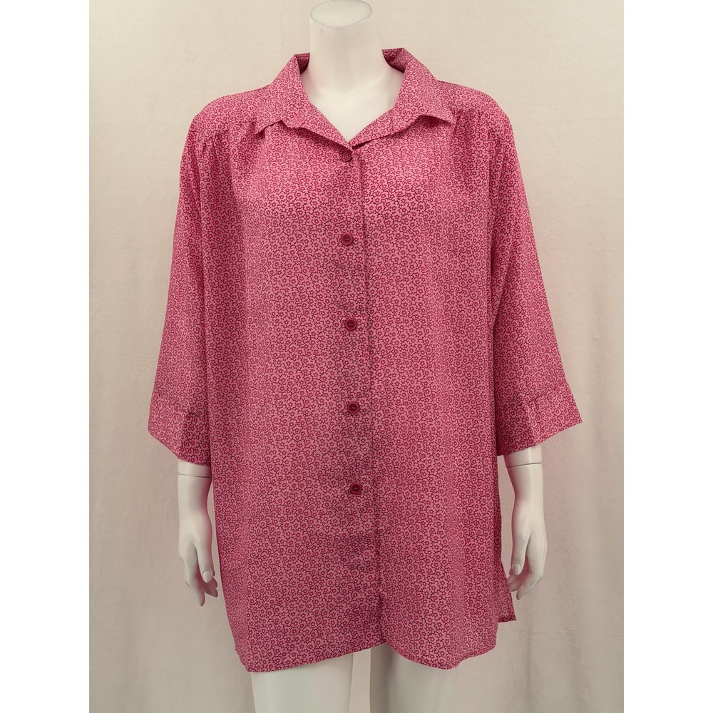 Vintage A Personal Touch Top Womens 1X Pink Sheer Floral Button Up Retro Boho
